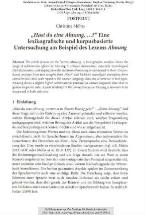 „Hast du eine Ahnung, ...?“ Eine lexikografische und korpusbasierte Untersuchung am Beispiel des Lexems Ahnung