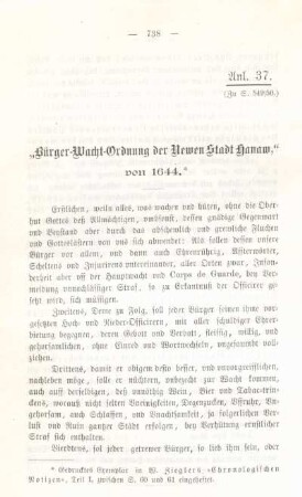 Anl. 37. "Bürger-Wacht-Ordnung der Newen Stadt Hanaw," von 1644.