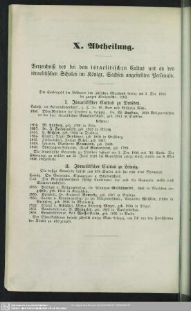 X. Abtheilung. Verzeichniß des bei dem israelitischen Cultus und an den israelitischen Schulen im Königr. Sachsen angestellten Personals