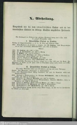 X. Abtheilung. Verzeichniß des bei dem israelitischen Cultus und an den israelitischen Schulen im Königr. Sachsen angestellten Personals