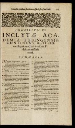 Consilivm VII. Inclytae Academiae Tubingensis, Continens Ulteriores allegationes Juris in eadem Fideicommissaria causa.
