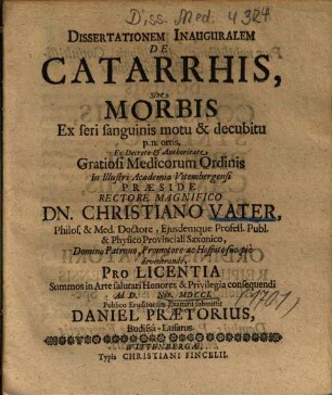 Dissertationem Inauguralem De Catarrhis, Sive Morbis Ex seri sanguinis motu & decubitu