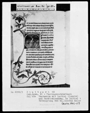 Gebetbuch des Konrad Peutinger — Initiale S (ancte Jacobe), darin wird der Apostel Jakobus Maior enthauptet, Folio 89verso