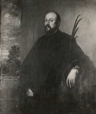 Gemälde "Bildnis eines Mannes mit einer Palme" (bez. 1561; T. Vecellio; Leinwand; 138 x 116 cm; Staatliche Kunstsammlungen Dresden (SKD))