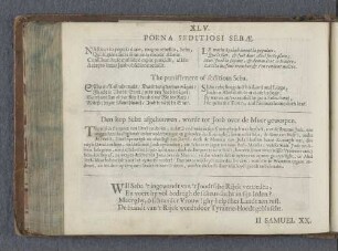 XLV. Poena seditiosi sebae. The punishment of seditious Seba. Den kop Sebae afgehouwen, wordt tot Joab over de Muer geworpen.