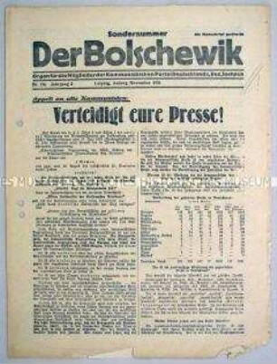 Mitteilungsblatt der KPD des Bezirkes Dresden "Der Bolschewik" (Sondernummer) zur kommunistischen Presse