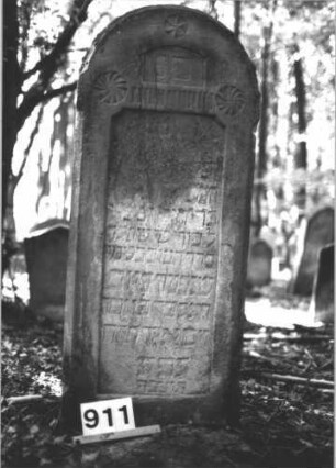 Grabstein 911 (Index: 99899391) Material: Sandstein Zustand: stark verwittert Maße HxBxT: 126x56x16 cm Beschreibung: Stele mit Rundbogenabschluss, im Bogenfeld Rosetten und Zahnfries Symbolik: Rosetten, Zahnfries: Grabstein 911