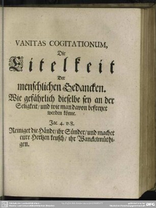 Vanitas Cogitationum, Die Eitelkeit Der menschlichen gedancken