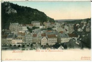 Karlsbad. Blick von der Panoramastrasse : Karlsbad. Blick von der Panoramastrasse auf Westend gegen Freundschaftshöhe mit Mayer's Gloriet (1804)