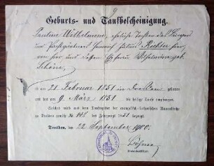 Geburts- und Taufbescheinigung von Pauline Wihelmine Wehner, geb. Richter