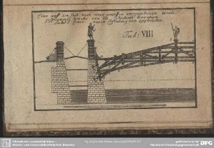 Tab: VIII. Eine auff 154 fuß nach einergewissen vorgegebenen weite gesprengete Brücke von des Auctoris invention sambt Einer neuen Erfindung von zugbrücken