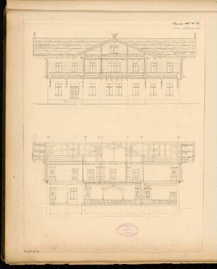 Gasthaus Monatskonkurrenz Dezember 1886: Aufriss Vorderansicht, Längsschnitt; 2 Maßstabsleisten