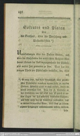 Sokrates und Platon über die Gottheit, über die Vorsehung und Unsterblichkeit