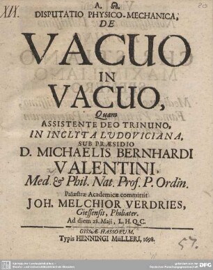 Disputatio Physico-Mechanica, De Vacuo In Vacuo