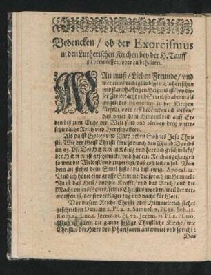 Bedencken/ ob der Exorcismus in den Lutherischen Kirchen bey der H. Tauff zu verwerffen/ oder zu behalten.