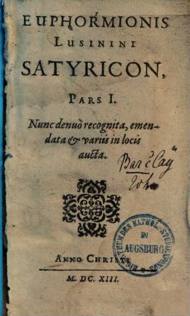 Euphormionis Lusinini satyricon. 1