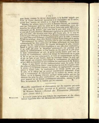 Nouvelles expériences et observations sur les rapports qui existent entre le systéme nerveux et le systeme sanguin;
