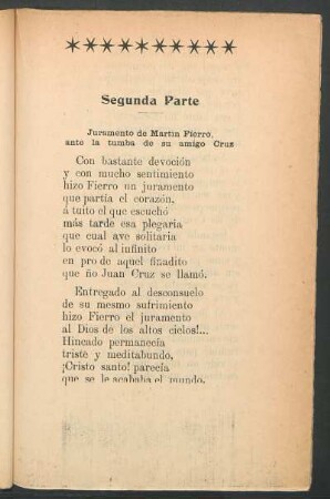 Segunda Parte : Juramento de Martín Fierro, ante la tumba de su amigo Cruz