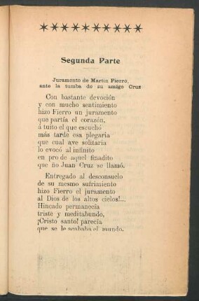 Segunda Parte : Juramento de Martín Fierro, ante la tumba de su amigo Cruz