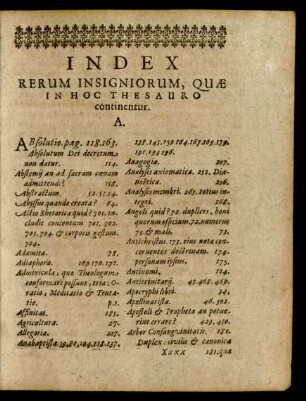 Index Rerum Insigniorum, Quae In Hoc Thesauro continentur.