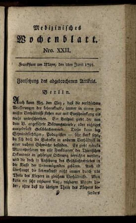 Nro. XXII. Frankfurt am Mayn, den 2ten Junii 1792. - Nro. XXVI. Frankfurt am Mayn, den 30ten Junii 1792.
