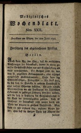 Nro. XXII. Frankfurt am Mayn, den 2ten Junii 1792. - Nro. XXVI. Frankfurt am Mayn, den 30ten Junii 1792.