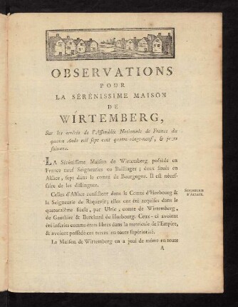 1-9, Observations pour la sérénissime maison de Wirtemberg