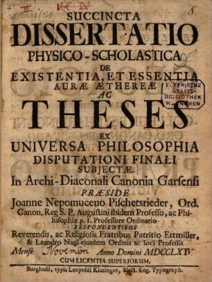 Succincta Dissertatio Physico-Scholastica De Existentia, Et Essentia Aurae Aethereae Ac Theses Ex Universa Philosophia