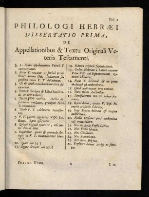 1-13, Philologi Hebraei Dissertatio Prima
