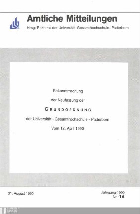 Bekanntmachung der Neufassung der Grundordnung der Universität - Gesamthochschule - Paderborn vom 12. April 1990