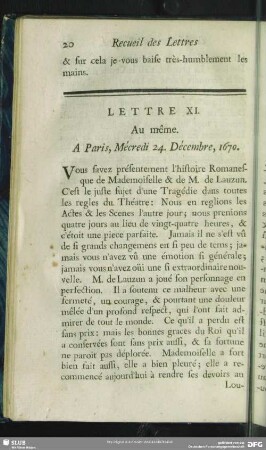 Lettre XI. Au même. A Paris, Mécredi 24. Décembre, 1670