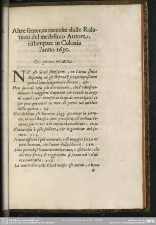 Altre sentenze raccolte dalle Relationi del medesimo Autore, ristampate in Colonia l´anno 1630