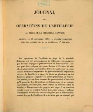 Journal des Opérations à l'artillerie au siège de la citadelle d'Anvers