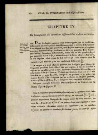 Chapitre IV. De l'intégration des équations différentielles à deux variables.