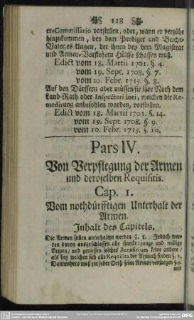 Pars IV. Von Verpflegung der Armen und deroselben Requisitis