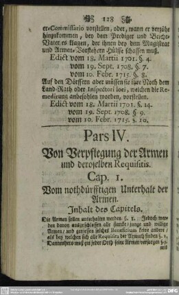 Pars IV. Von Verpflegung der Armen und deroselben Requisitis