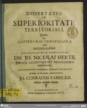 Dissertatio De Superioritate Territoriali