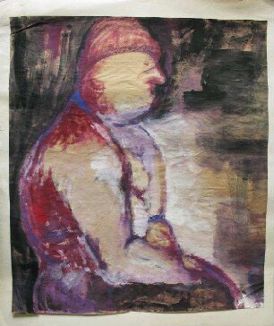 Sitzende Figur mit Hut in rot/violett