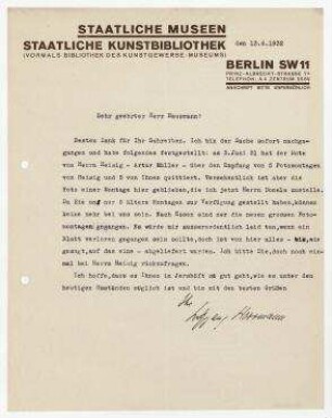 Brief Staatliche Kunstbibliothek / Wolfgang Herrmann an Raoul Hausmann. Berlin