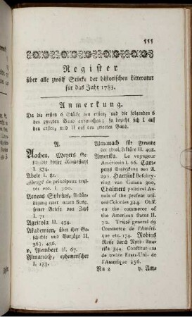 Register über alle zwölf Stücke der historischen Litteratur für das Jahr 1783.