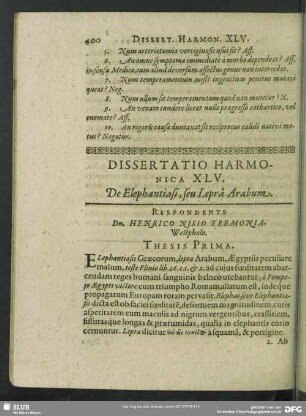 Dissertatio Harmonica XLV. De Elephantiasi, seu Lepra Arabum