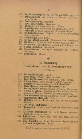 IV. Auktionstag: Sonnabend, den 19. November 1904, von 10 Uhr ab