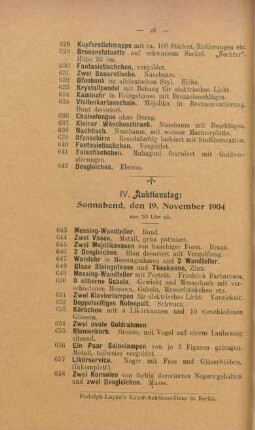 IV. Auktionstag: Sonnabend, den 19. November 1904, von 10 Uhr ab