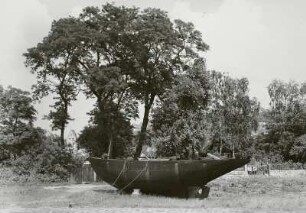 Dresden-Loschwitz. Elbufer. Aufgedocktes Schnaken-Segelboot