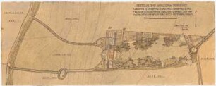 Landsitz Lindenhof, Warnsdorf: Garten und Umgebung des Landsitzes im Grundriss mit Höhenlinien und Einzeichnung von Sichtachsen 1:1000, Maßstabsleiste, Bezeichnung einzelner Teile, Legende