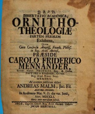 Diss. acad. ornitho-theologiae partem priorem exhibens