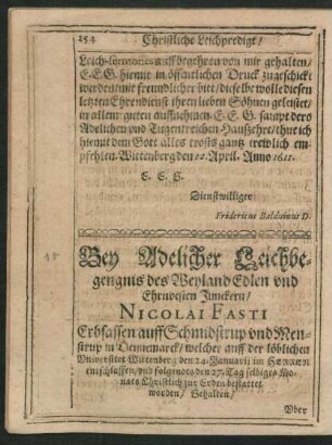 Bey Adelicher Leichbegengnis des Weyland Edlen und Ehrnvesten Junckern/ Nicolai Fasti ...