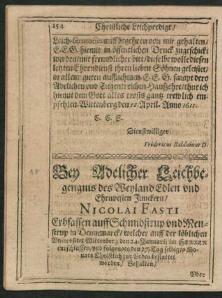 Bey Adelicher Leichbegengnis des Weyland Edlen und Ehrnvesten Junckern/ Nicolai Fasti ...
