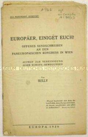 Manuskriptabdruck eines anonymen Rundschreibens betreffend die Paneuropa-Bewegung