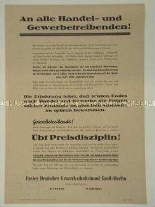 Maueranschlag des FDGB Berlin mit einem Aufruf an alle Handel- und Gewerbetreibenden gegen Preiswucher